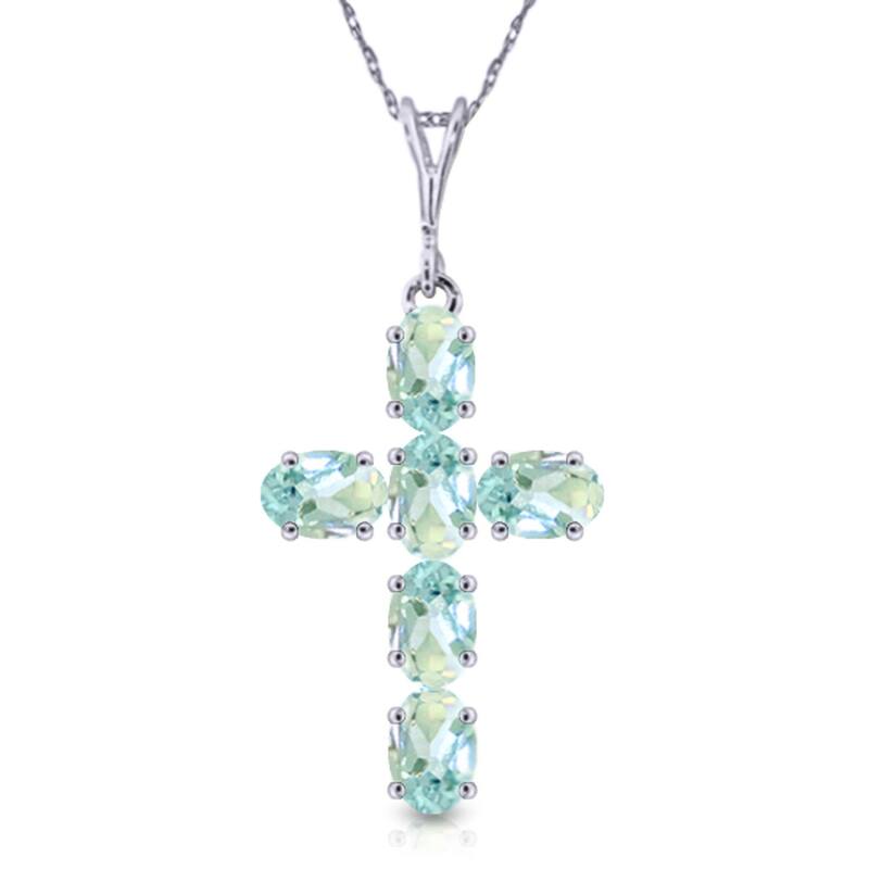1.5 Carat 14K Solid Gold Cross Gemstone Necklace Natural Aquamarine - 16 Inch - White
