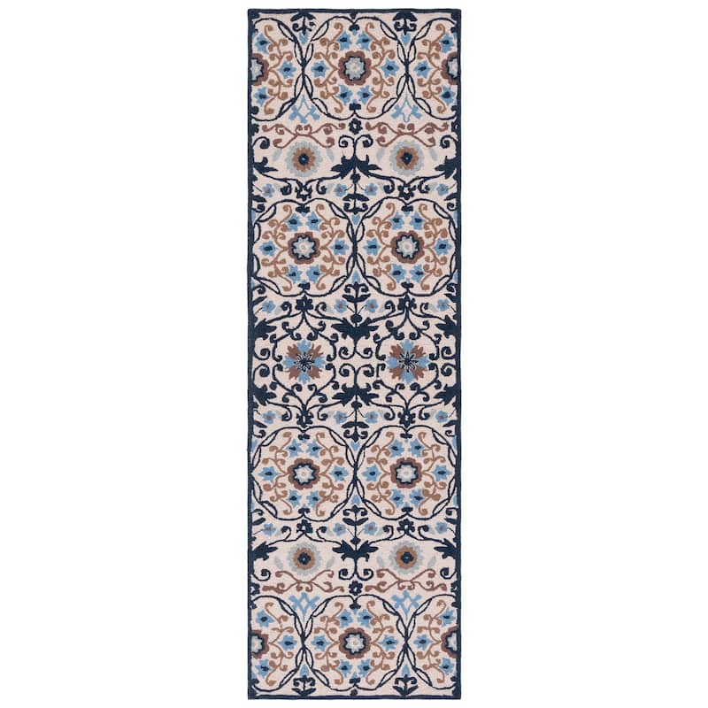 SAFAVIEH Handmade Chelsea Azar French Country Wool Rug - 2'6" x 8' Runner - Ivory/Navy