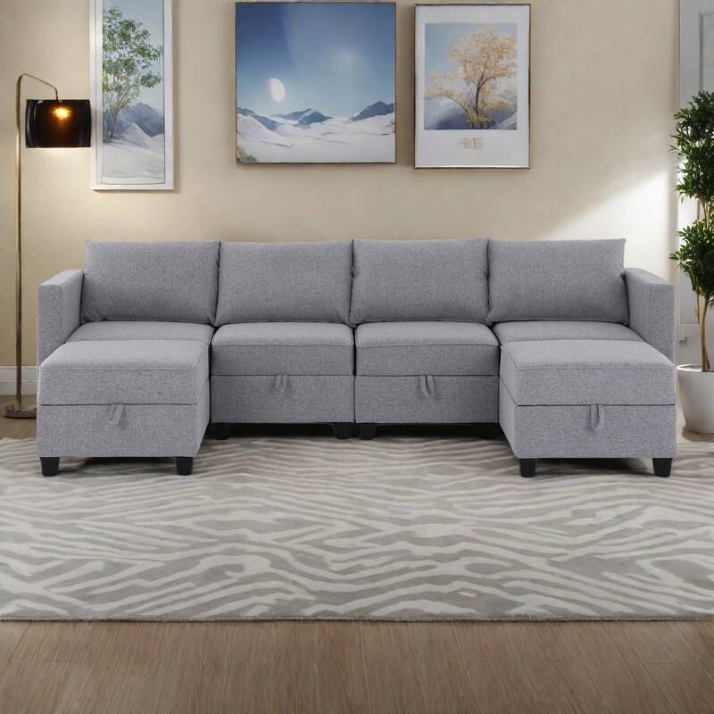 110.3" Burlap Modular U-Shaped 6-Seater Sectional Sofa with Reversible Chaise, Built-in Storage and Convertible Design - LIGHT GREY