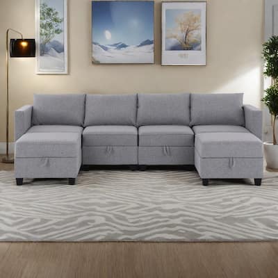 110.3" Burlap Modular U-Shaped 6-Seater Sectional Sofa with Reversible Chaise, Built-in Storage and Convertible Design