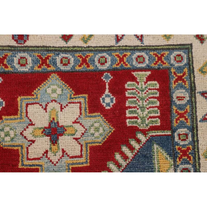Red Geometric Kazak Rug Handmade Geometric Wool Carpet - 5'0" x 6'5"