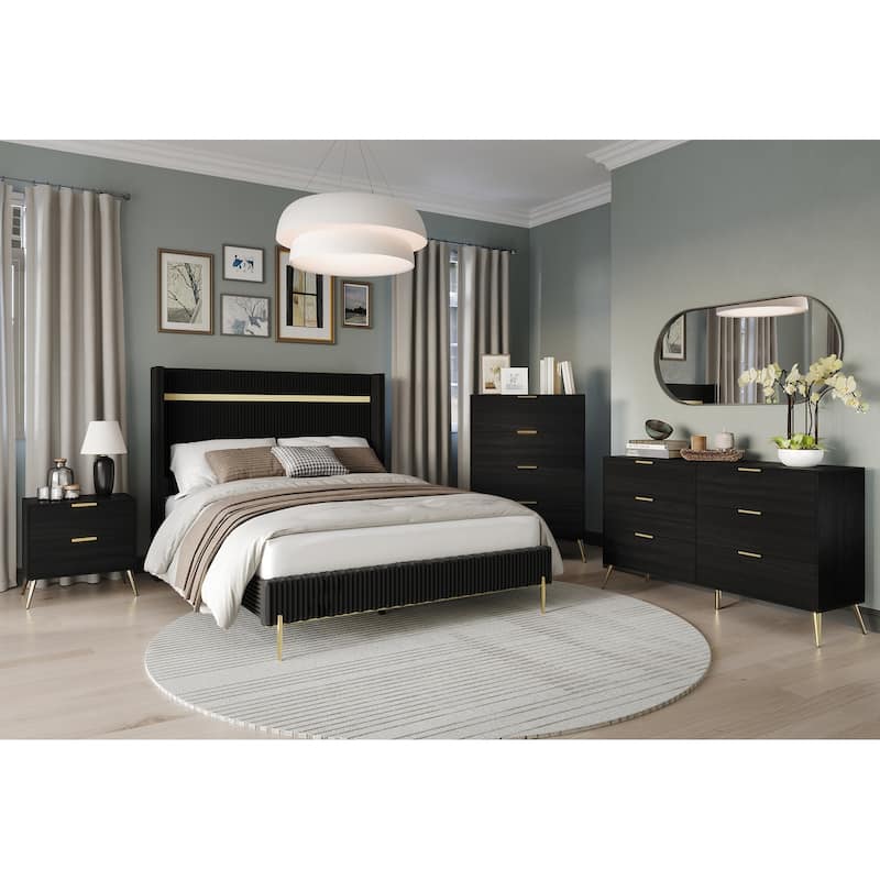 CraftPorch Corduroy 4-pieces Glam Black Bed with Black Furniture Bedroom Set