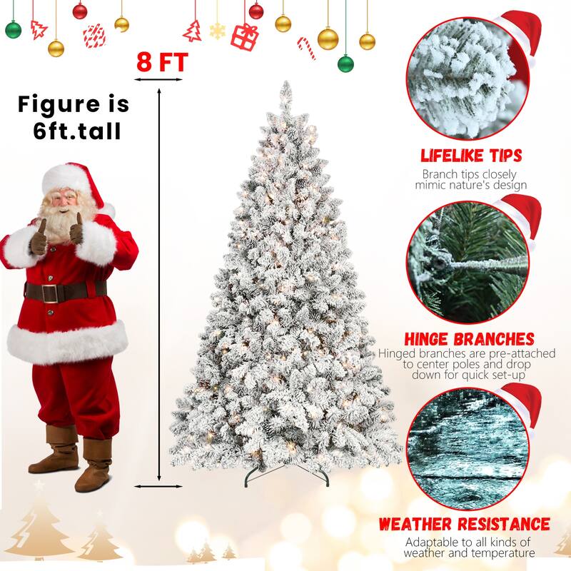 8FT Flocked Christmas Tree with 700 UL Lights and 54 Natural Pine Cones-Snowy PVC Tips, 1754 Tips,Hinged Structure