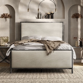 247 Shop At Home Lalia Modern Beige Upholstered Hammered Metal Panel Bed