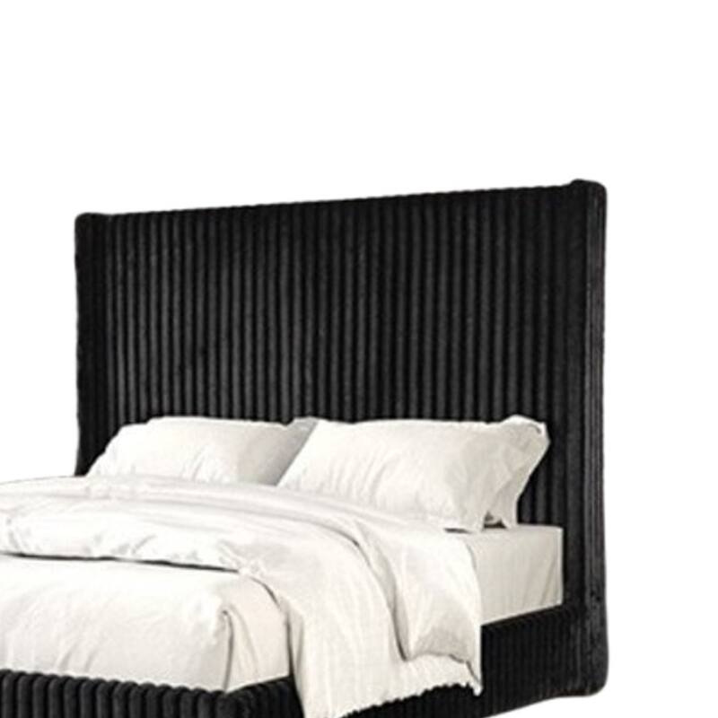 Wolo Full Bed, Black Fur Chenille Ribbed Upholstery, Wing Headboard