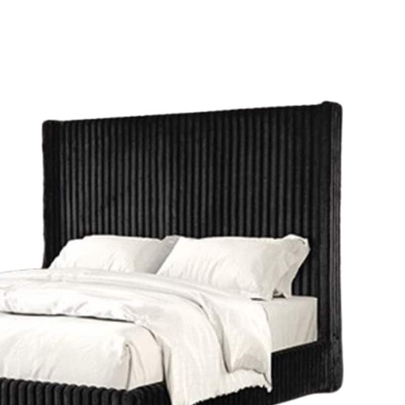 Wolo King Bed, Black Fur Chenille Ribbed Upholstery, Wing Headboard