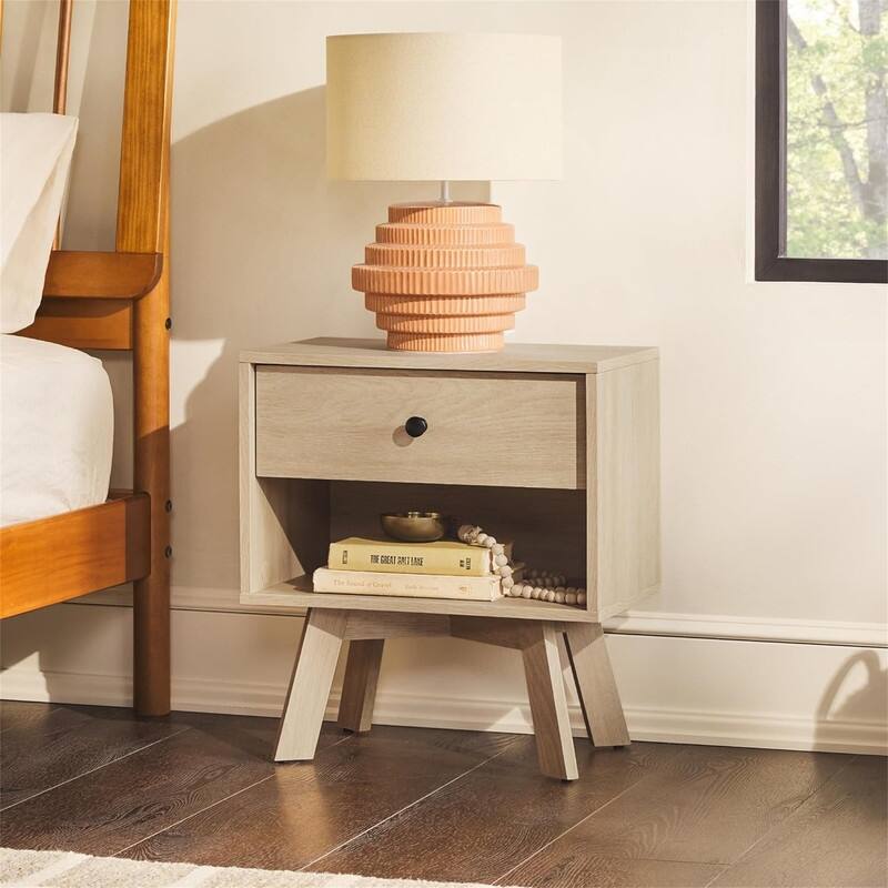 Mid Century Modern 1 Nightstand Bedroom Storage Drawer - Coastal Oak