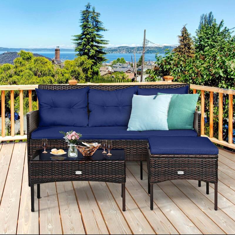 Costway 3PCS Patio Rattan Furniture Set 3-Seat Sofa Cushioned Table - See details