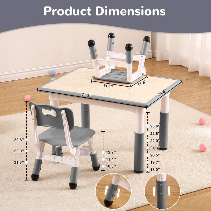 Kids Table and Chairs Set, Height Adjustable Desk With 4 Seats