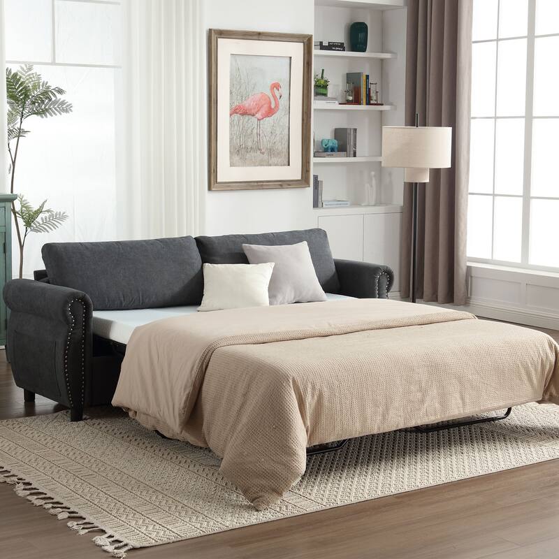 63″ Polyester 3-Seater Sleeper Sofa with Pull-Out Mattress & Retro Rivet Arms