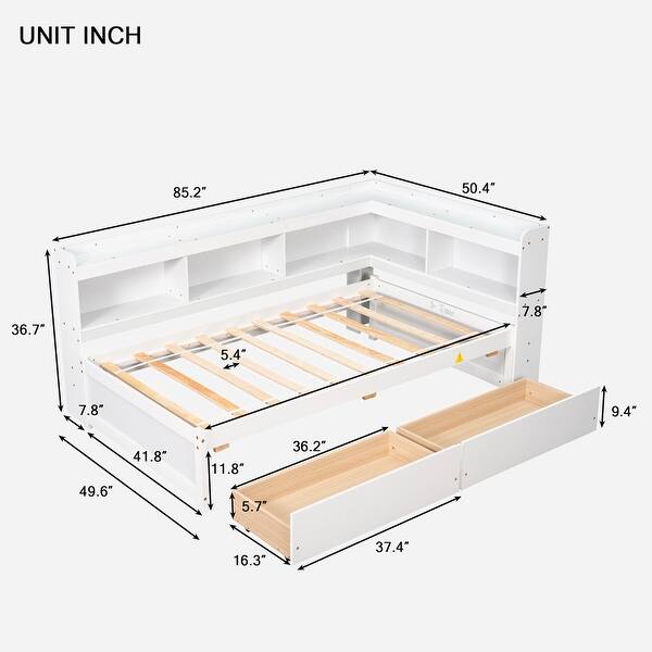 dimension image slide 1 of 2, Twin Bed with L-shaped Bookcases,Drawers