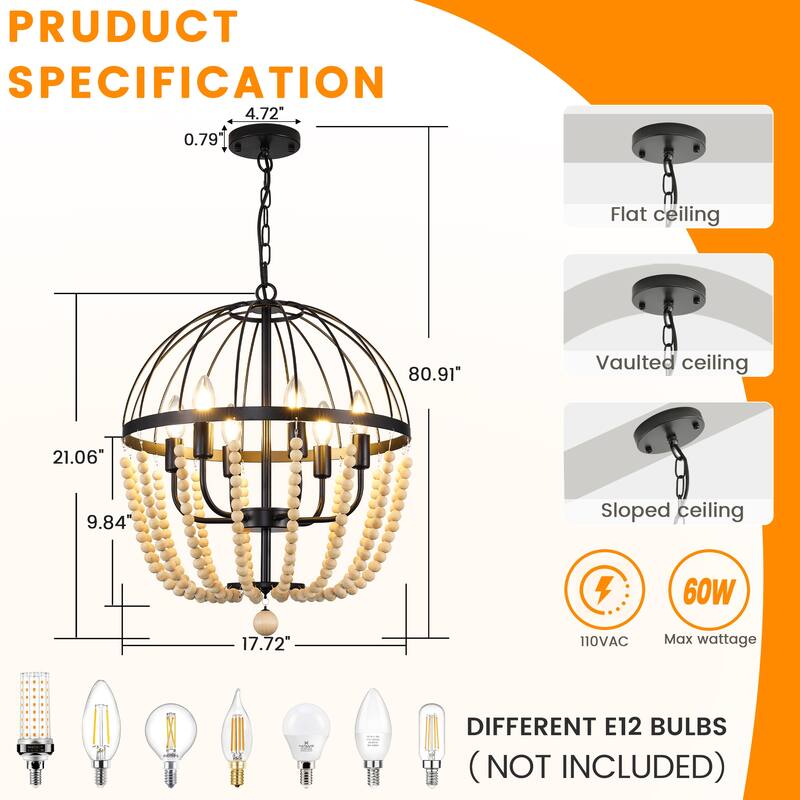 6-Light Metal Chandelier with Wooden Beads