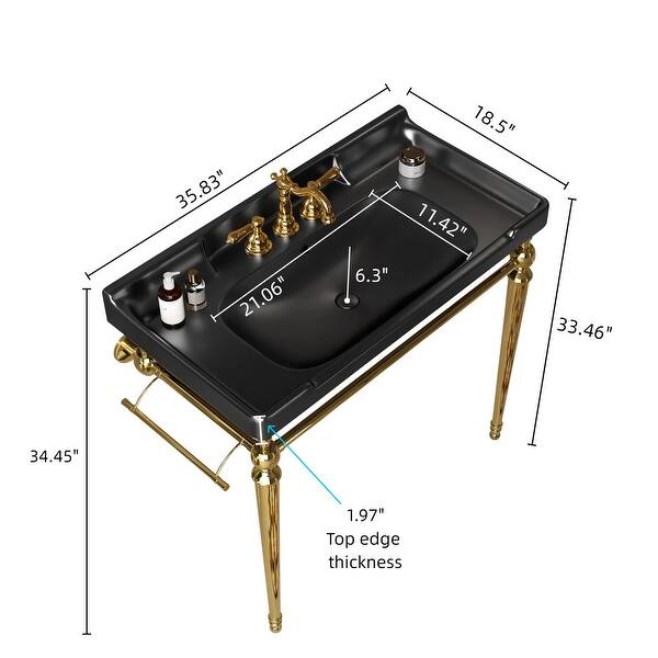 dimension image slide 1 of 3, 36 in. Ceramic Single Bowl Console Sink and Gold Legs Combo with One Towel Bar and 3 Faucet Holes