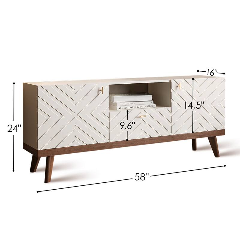 Living Skog Alba Beige TV Stand Console with Drawer Fits TV's up to 65 in. with Wood Legs Mid Century Modern Design
