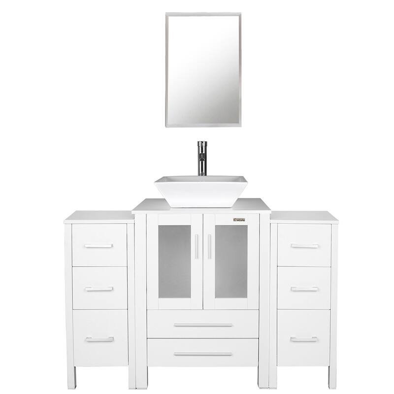 48" Bathroom Vanity Set Vessel Sink Mirror Faucet W/ Small Cabinet Combo - white ceramic square sink - White