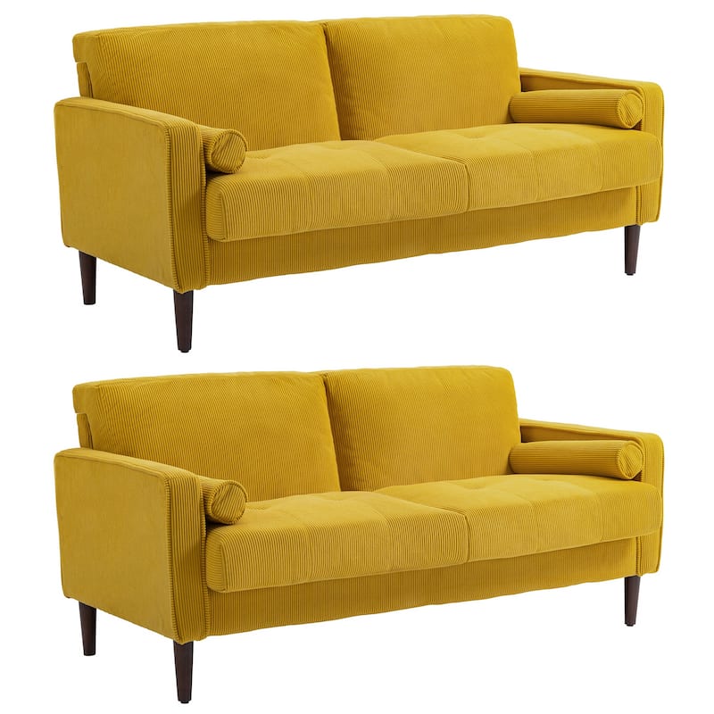 Modern Corduroy Upholstered Loveseat with Bolster Pillows and Wood Legs