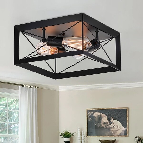 Eurus Home 3 Light Square Farmhouse Flush Mount Ceiling Light in Matt Black