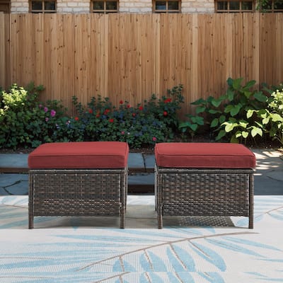 Outdoor Patio Footstool Ottomans with Cushion Brown-Red - Brown