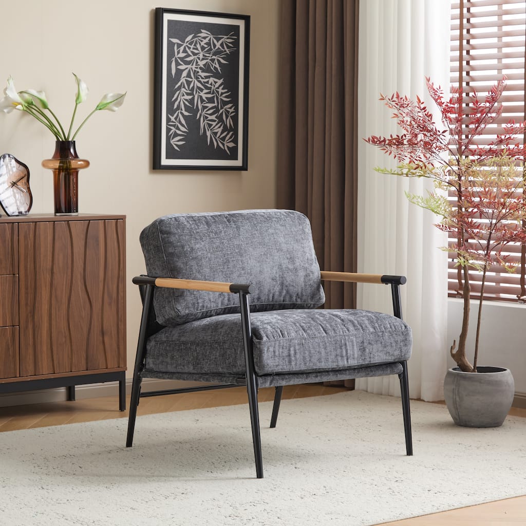 27.56" Modern Accent Chair with Plush Cushions, Metal Frame, and Wooden Armrest Design -for Living Room, Bedroom