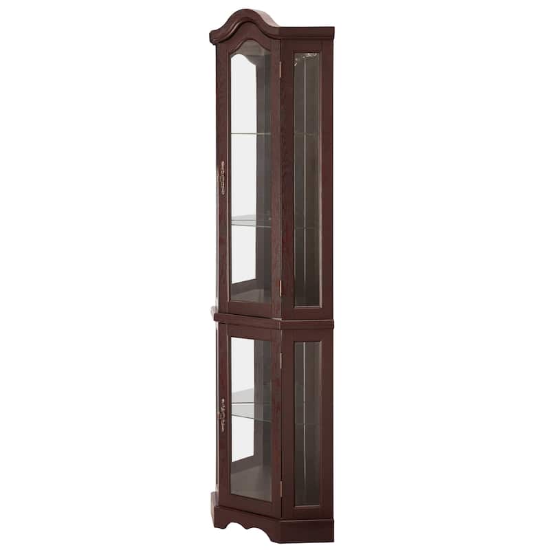Lighted Glass Display Curio Cabinet, Curved Wood Corner Cabinet, China Cabinet with Tempered Glass Doors & Shelves