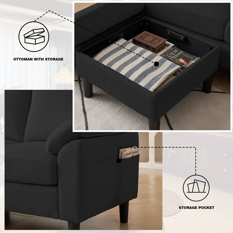 4 Pieces Corduroy Living Room Sets with Sofa, Ottoman and Loveseat