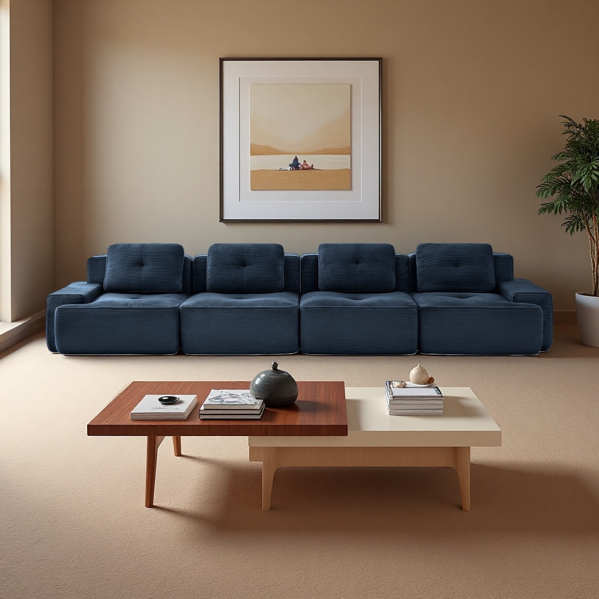 152.8" Corduroy Modular Sectional Sofa with Deep Seat & Tufted Design
