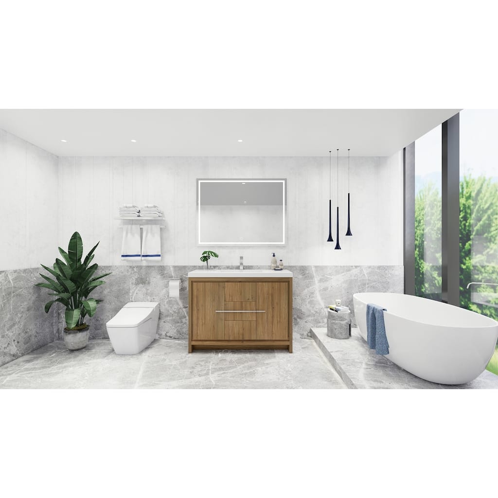 dolce 48 natural oak finish freestanding bath vanity with single basin reinforced acrylic top