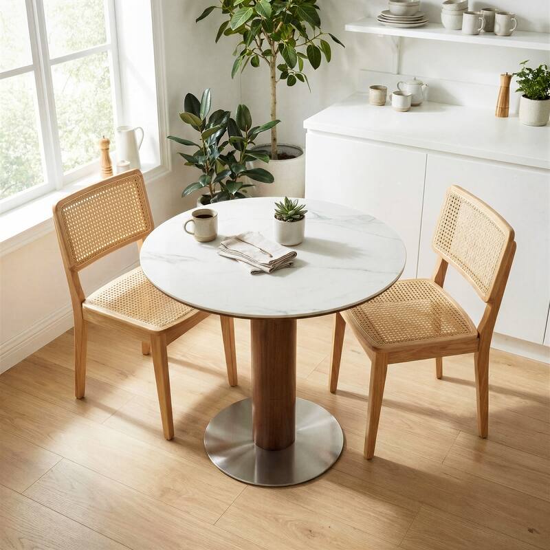 31.5 Inch Solid Wood Round Dining Table for 2-4, Small Circle Kitchen Table with Stainless Steel Pedestal, Sintered Stone Top
