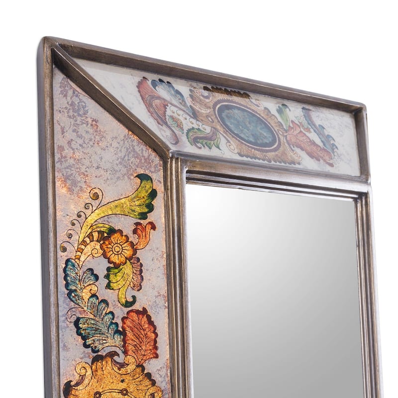 Handmade Ivory Floral Medallions Reverse Painted Glass Wall Mirror (Peru) - Multi