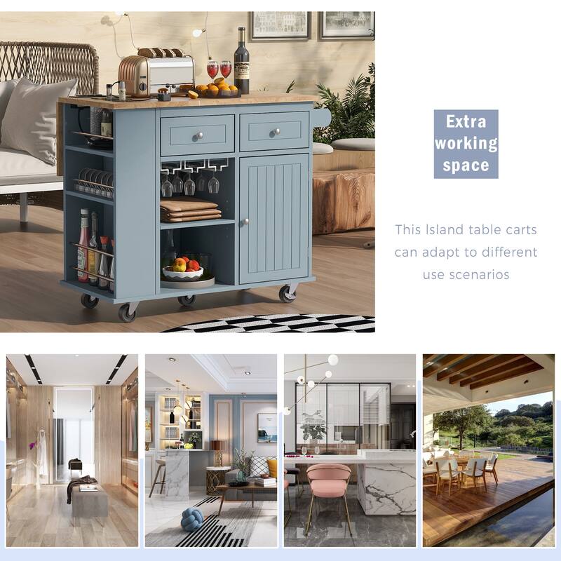 Open Rolling Kitchen Island on Wheels with Drop Leaf and Power Outlet