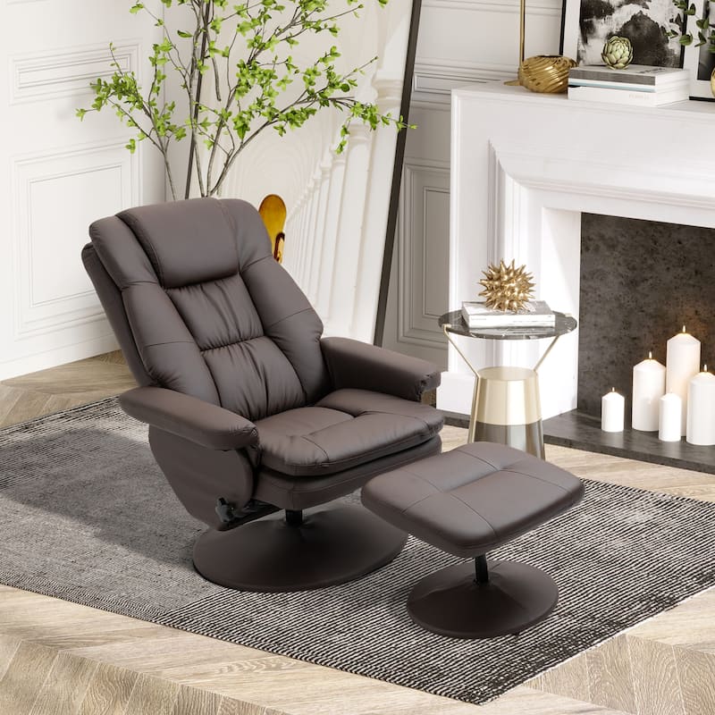 PU Leather Swivel Recliner Chair with Ottoman and Steel Base - 31.5" W x 34.75" D x 44.5" H - Brown