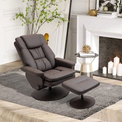 PU Leather Swivel Recliner Chair with Ottoman and Steel Base - 31.5" W x 34.75" D x 44.5" H