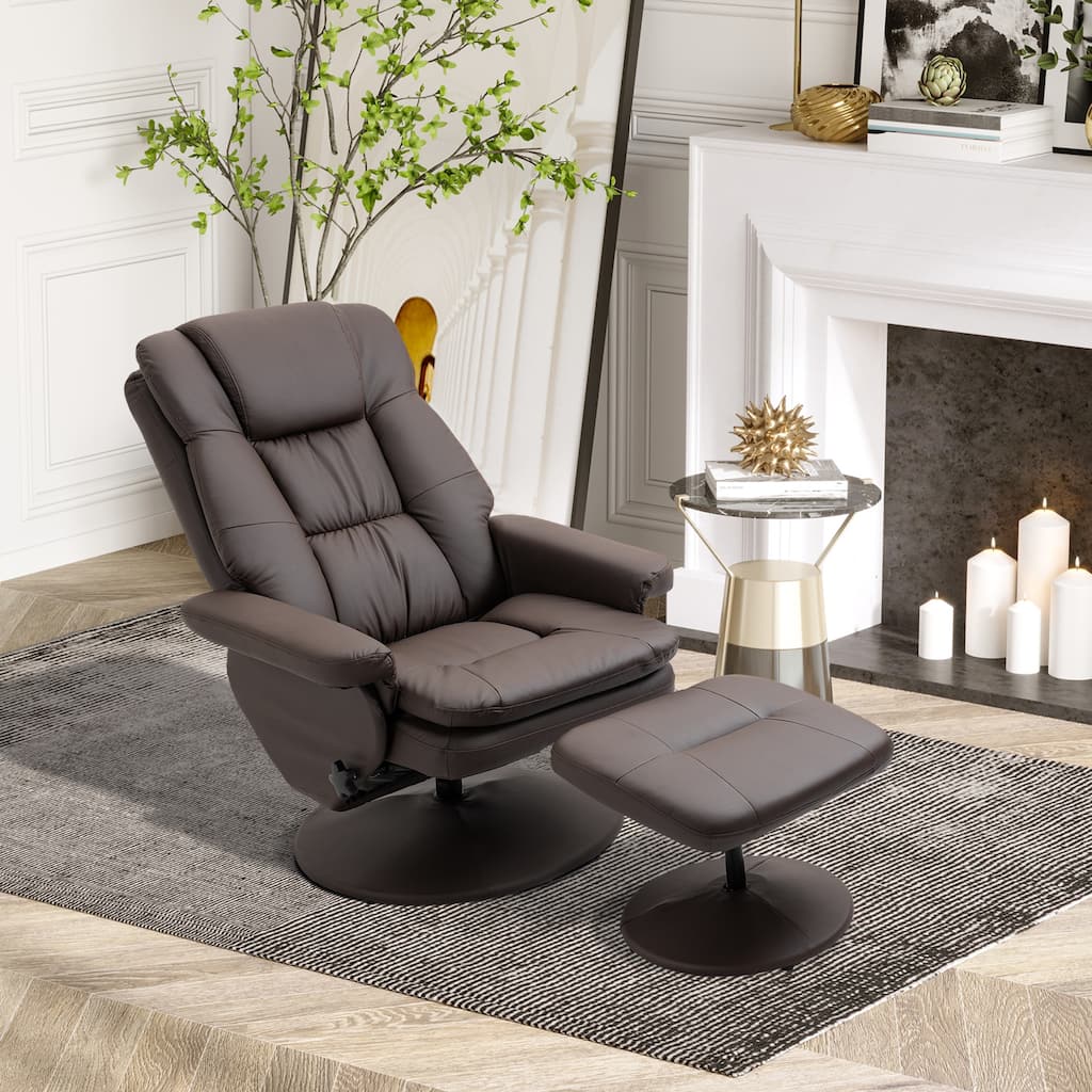 PU Leather Swivel Recliner Chair with Ottoman and Steel Base - 31.5" W x 34.75" D x 44.5" H