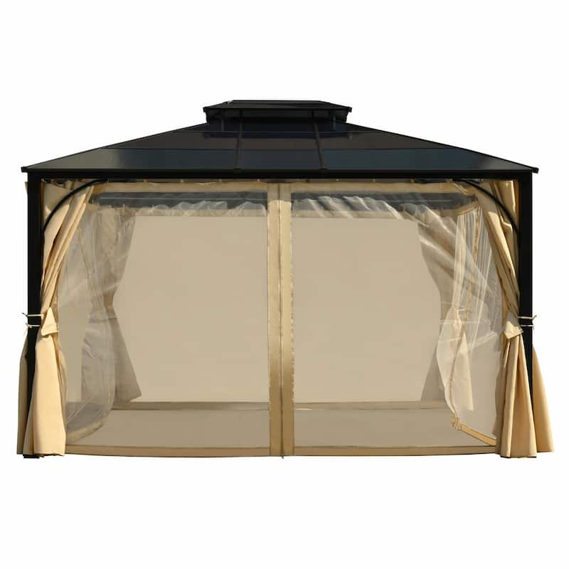 10'x12' Heavy Duty Hardtop Gazebo with Aluminum Frame, Mosquito Netting & Privacy Curtains