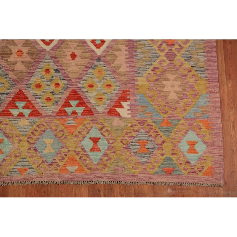 Geometric Kilim Area Rug Hand-Woven Wool Carpet - 8'5"x 11'1"