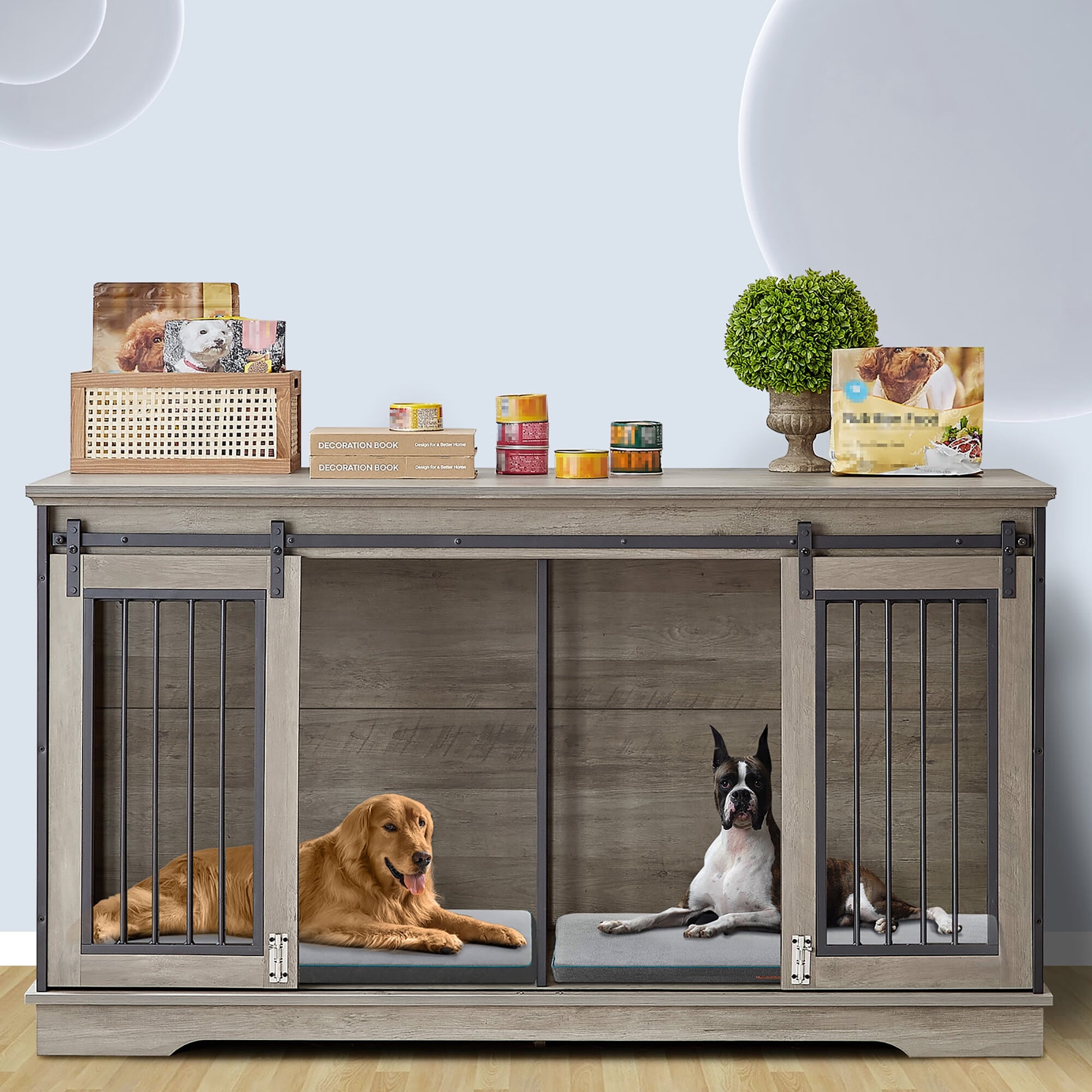 Sapphome Dog Crate Furniture Large Breed TV Stand with 2 Sliding Doors Grey