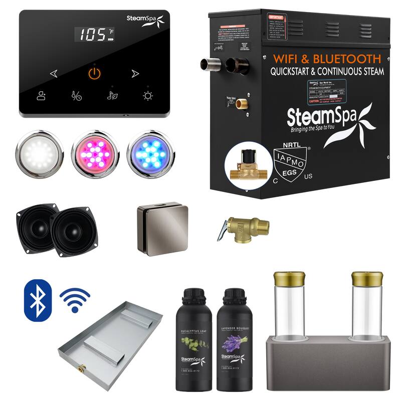 Black Series 9KW Steam Bath Generator with Wireless Remote, Bluetooth, WIFI, and Dual Aroma Pump - 9 KW - Brushed Nickel