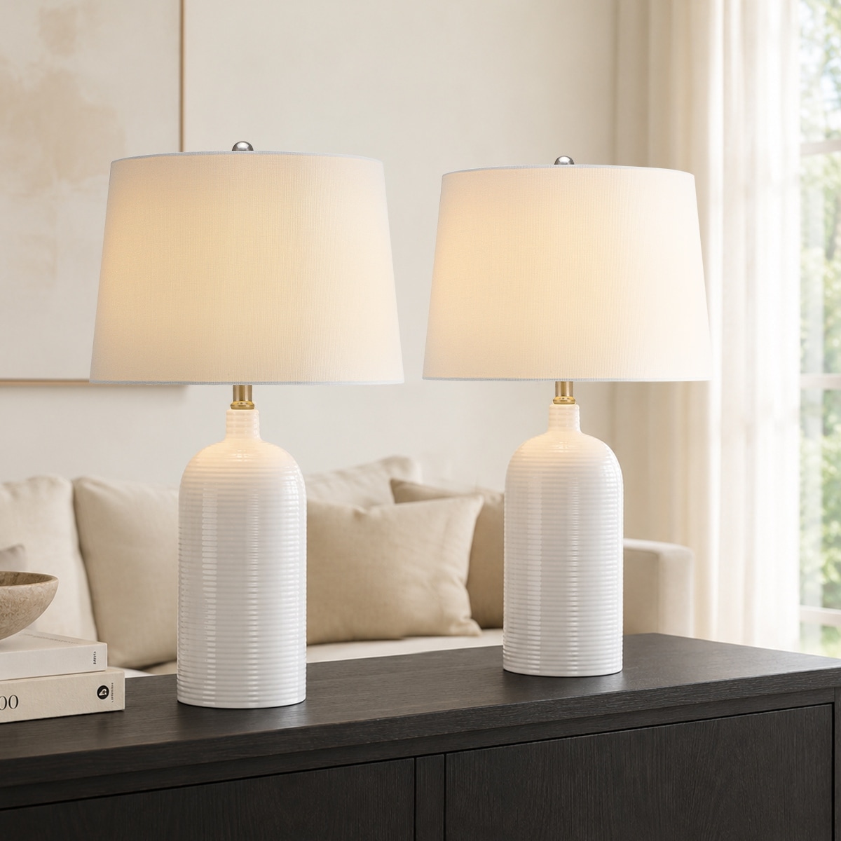 Modern White Ribbed Ceramic Table Lamp Set of 2 with White Shades - 25.5 in. H