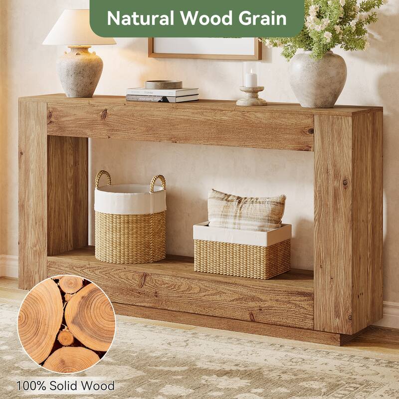 59" Solid Wood Entryway Table, 2-Tier Console Table with Open Storage