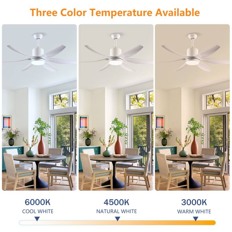 6 PCS ABS Blades 56 Ceiling Fan With Light Kit 3 Color LED Light Source, DC 6 Speed ,Remote Control Ceiling Fan
