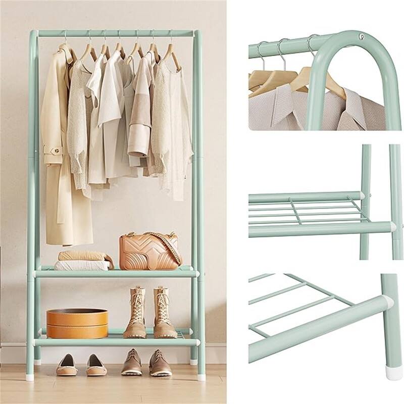 Metal Clothing Coat Rail with Double Layer Shelf for Storing Clothes - 13.8"D x 24.4"W x 62"H
