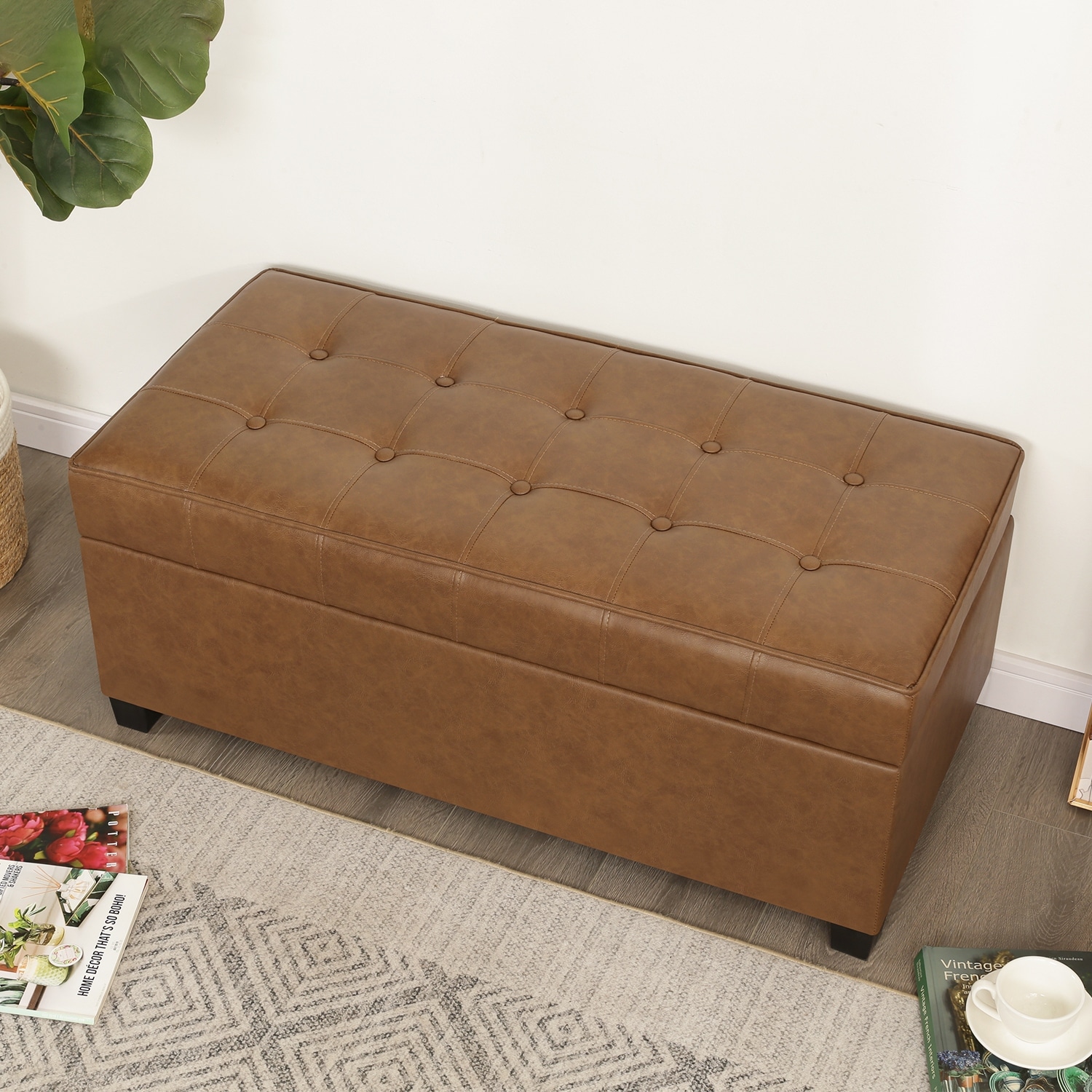 Adeco 40" Faux Leather Storage Ottoman Bench with Tufted Button