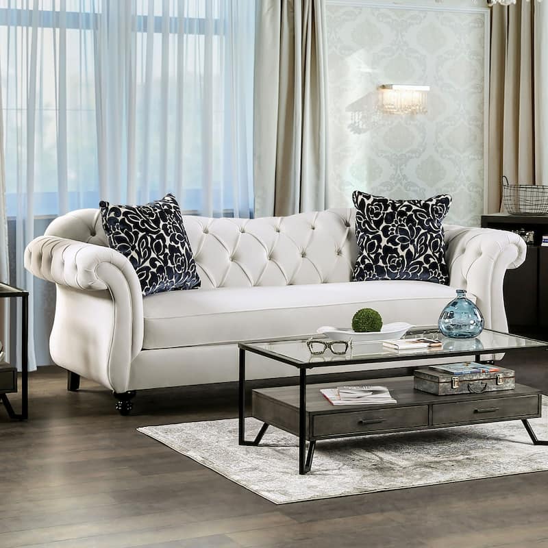 Addae Glam White Fabric Upholstered Rolled Arms Tufted Sofa by Furniture of America - White