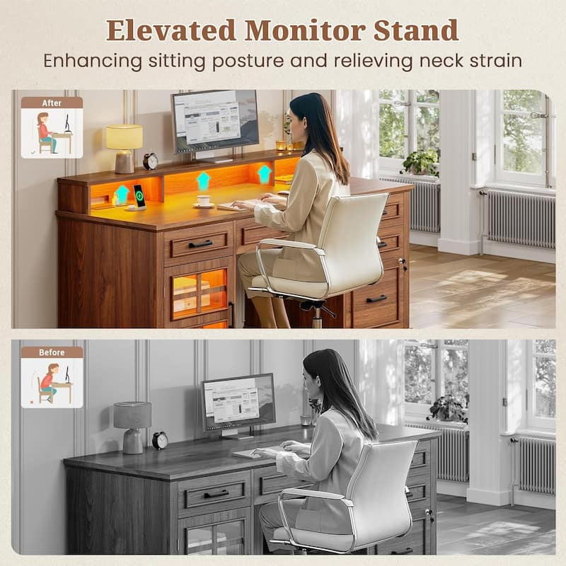 Executive Desk with Drawers Computer Desk File Drawers Power Outlet LED Lights Storage Cabinet