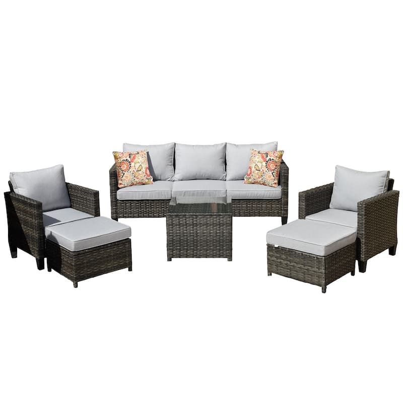 OVIOS 6-piece Outdoor Patio Wicker Conversation Set With Glass-Top Table