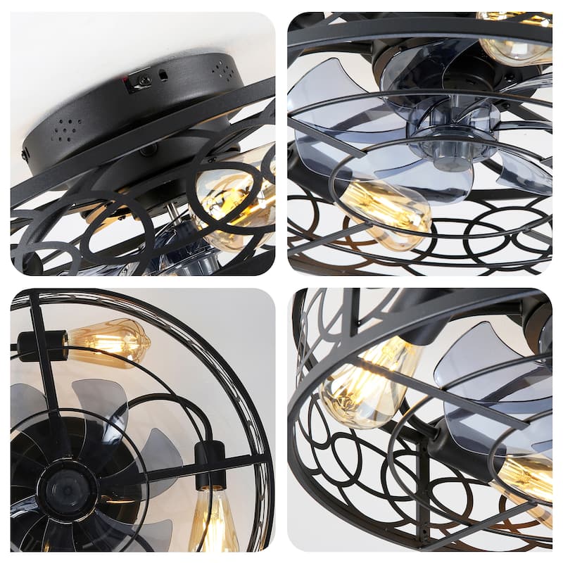 20" Low Profile Caged Ceiling Fans with Lights and Remote, Farmhouse Flush Mount Ceiling Fan with 6 Speeds Reversible Motor