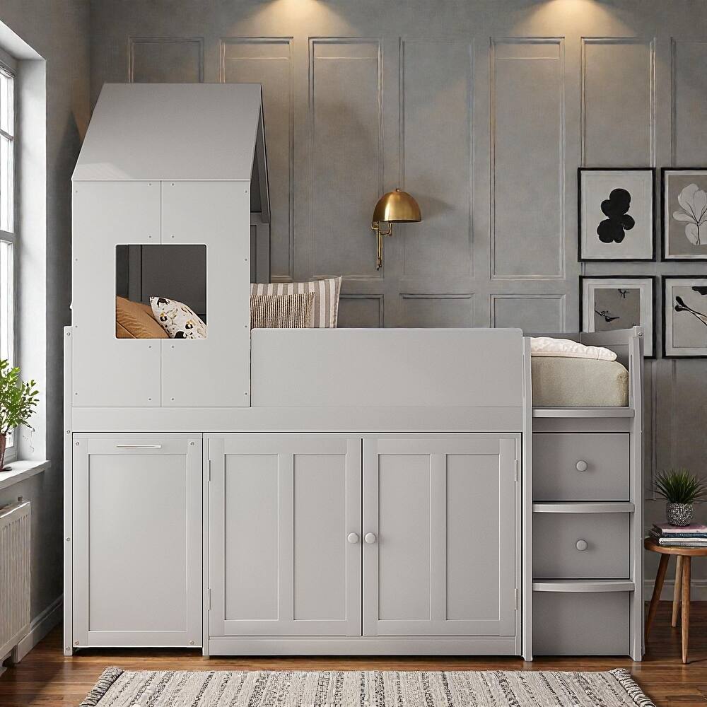 Twin Wooden Loft Bed with Rolling Desk, Storage Drawers and Cabinets, House Style Kids Loft Bed with Stairs