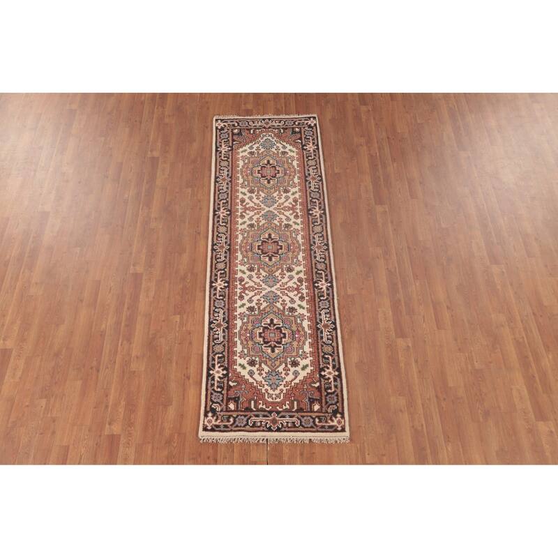 Geometric Beige Heriz Serapi Runner Rug Hand-Knotted Wool Carpet - 2'7"x 7'11"