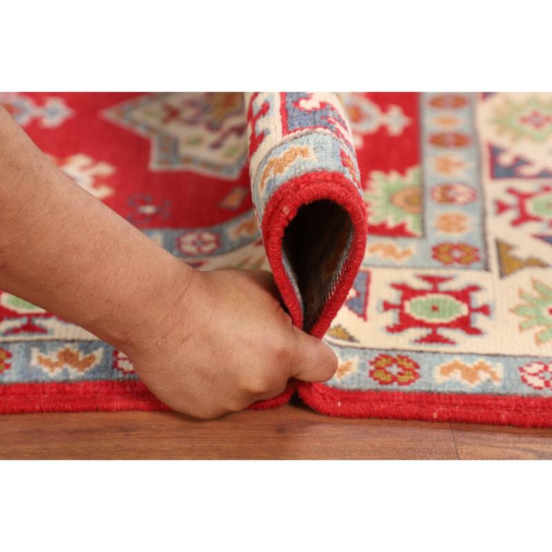 Red Kazak Accent Rug Hand-Knotted Geometric Wool Carpet - 2'8" x 3'10"