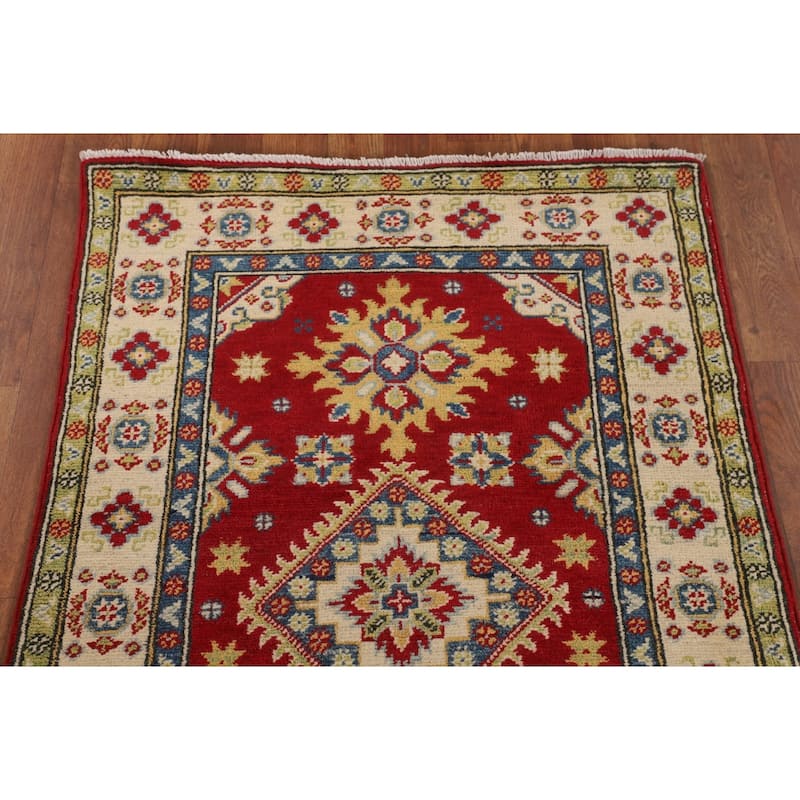 Geometric Red Kazak Accent Rug Handmade Home Decor Wool Carpet - 2'7" x 3'10"